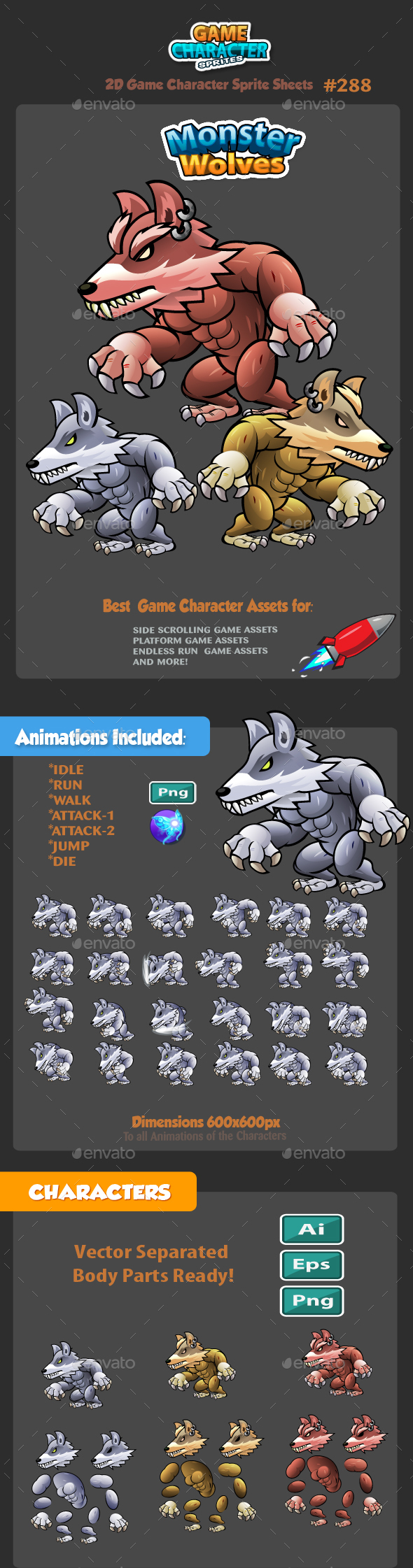 Wolves 2D Game Character Sprites 288 - Sprites Game Assets