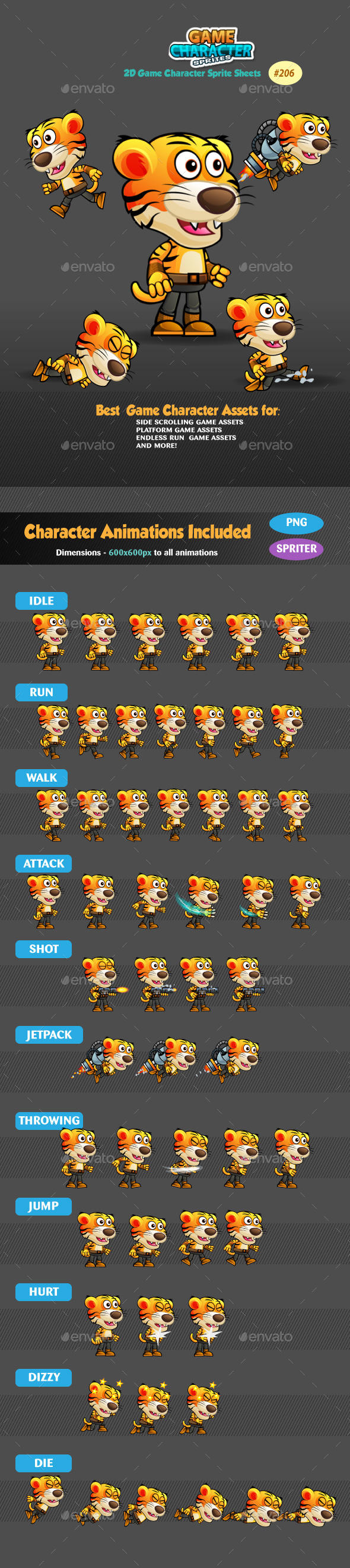 Tiger Warrior 2 Game Character Sprites 206 - Sprites Game Assets