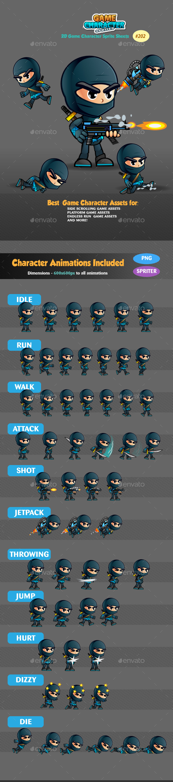 Ninja 2D Game Character Sprites - Sprites Game Assets