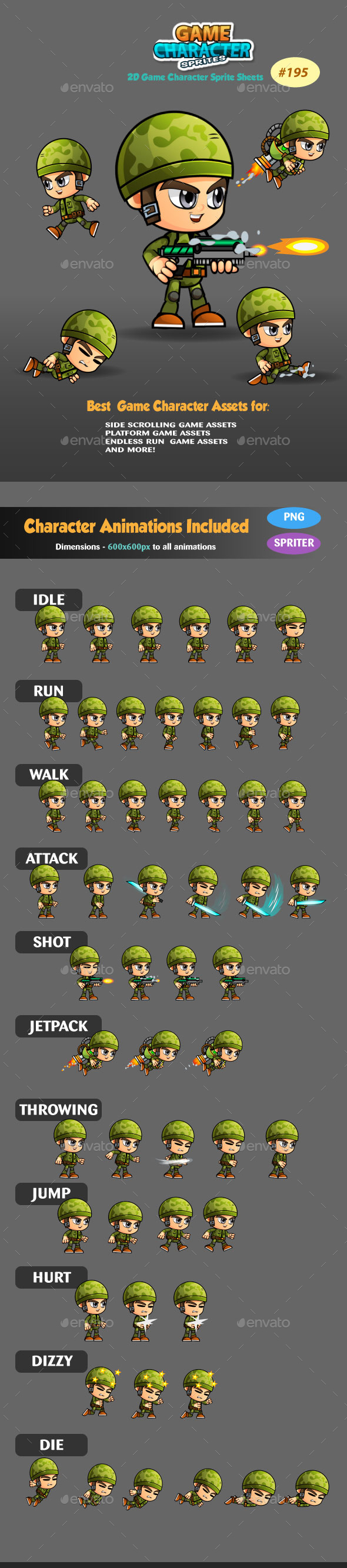 Sodlier 2D Game Character Sprites 195 - Sprites Game Assets