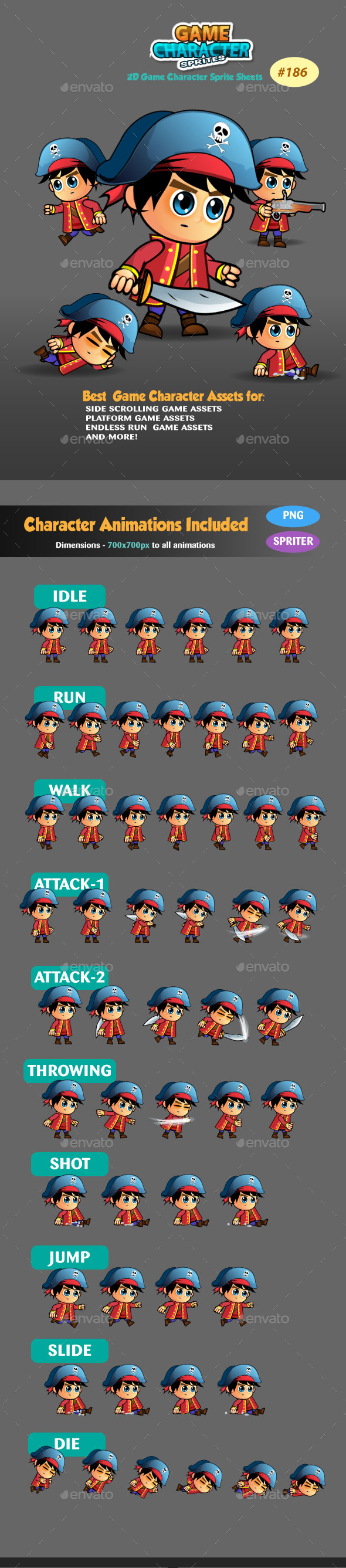 Pirate 2D Game Character Sprite Sheets 186 - Sprites Game Assets