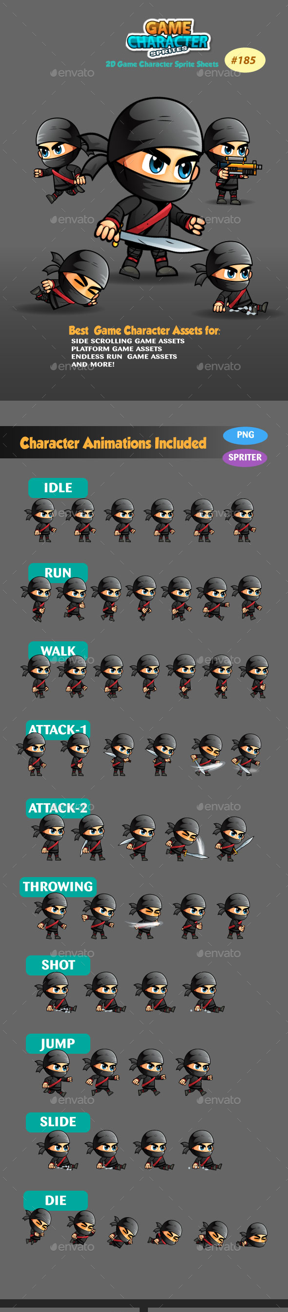 Ninja 2D Game Character Sprite Sheets 185 - Sprites Game Assets