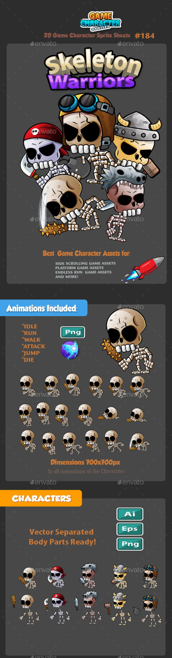Skeleton Warriors 2D Game Character Sprites 184 - Sprites Game Assets
