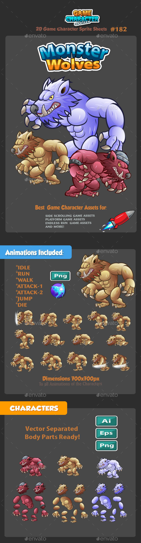 Monster Wolves 2D Game Character Sprites 182 - Sprites Game Assets