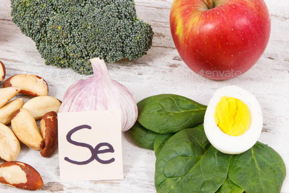 Food containing selenium, vitamins and dietary fiber, healthy nutrition concept - Stock Photo - Images