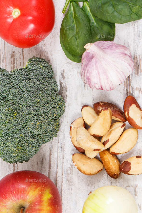 Food containing selenium, vitamins and dietary fiber, healthy nutrition concept - Stock Photo - Images