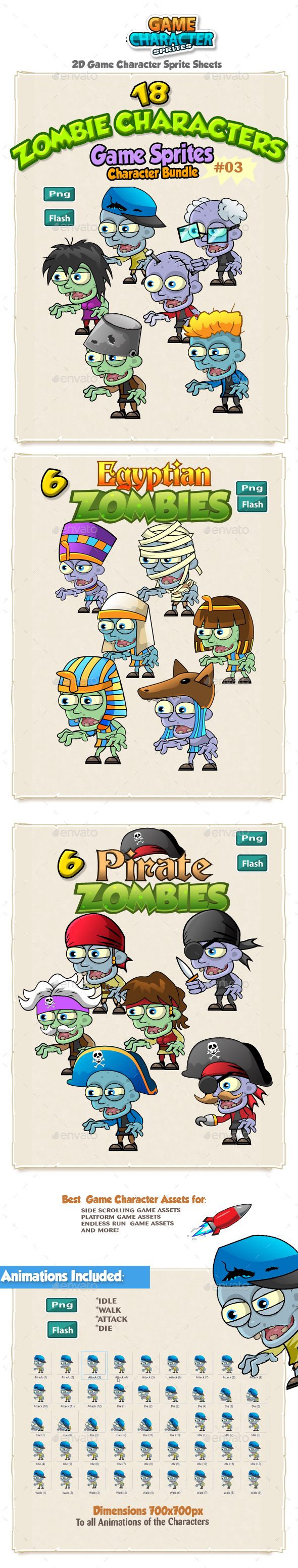 18 Zombies 2D Game Character Sprites Bundle Pack 03 - Sprites Game Assets
