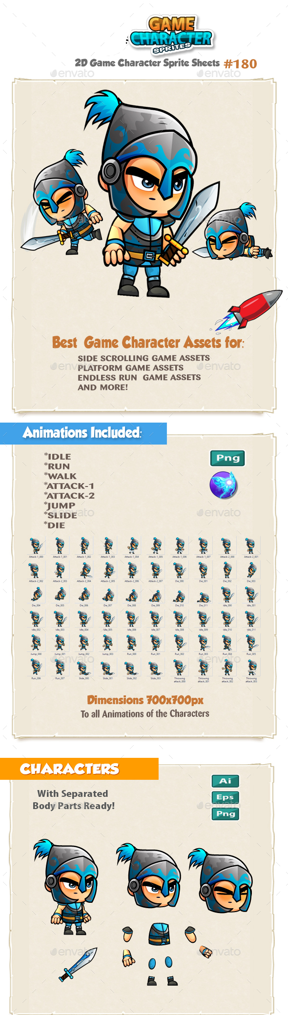 The Blue Knight 2D Game Character Sprites 180 - Sprites Game Assets
