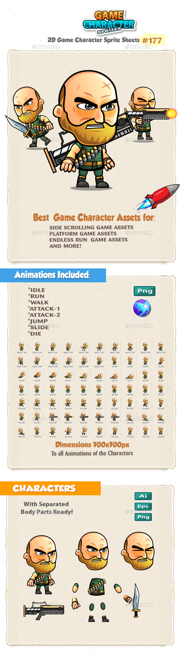 The Big Guy Warrior 2D Game Character Sprites 176 - Sprites Game Assets
