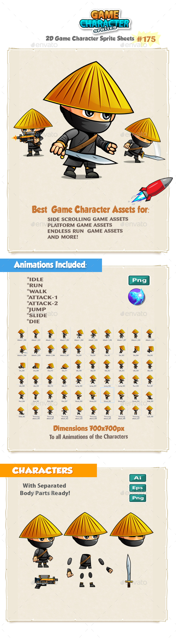 Samurai 2D Game Character Sprites 175. - Sprites Game Assets