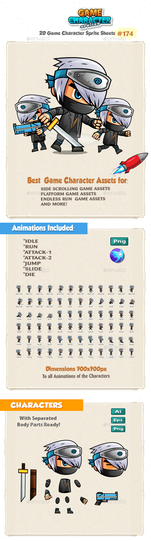 Ninja 2D Game Character Sprites 174 - Sprites Game Assets