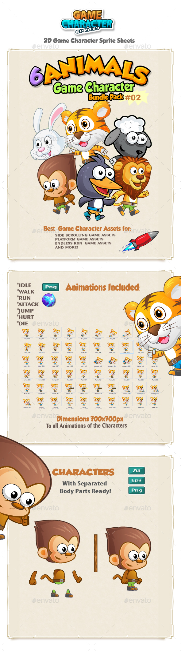 Animals 2D Game Character Sprites Bundle Pack 02 - Sprites Game Assets