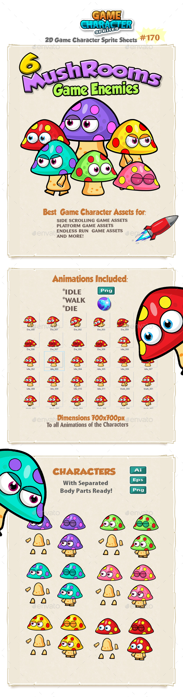 Mushrooms Game Enemies character Sprites 171 - Sprites Game Assets