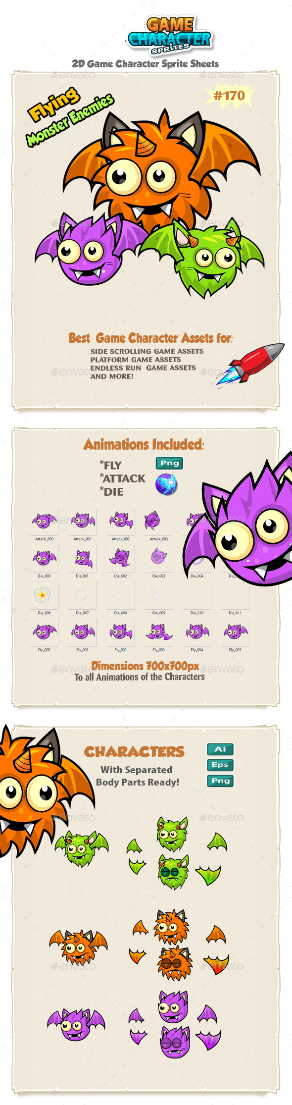 Flying Monster Enemies Game Character Sprites 170 - Sprites Game Assets