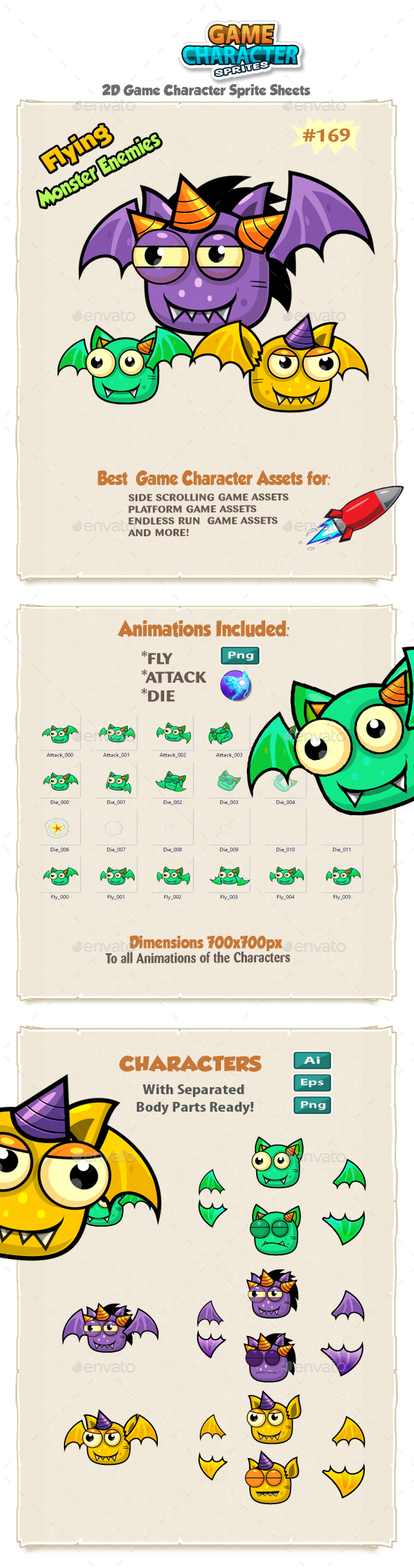 Flying Monster Enemies Game Character Sprites 169 - Sprites Game Assets