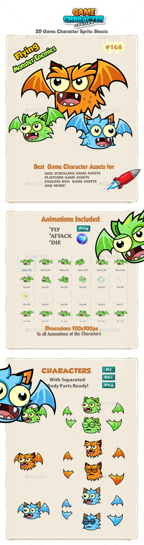 Flying Monster Enemies Game Character Sprites 168 - Sprites Game Assets