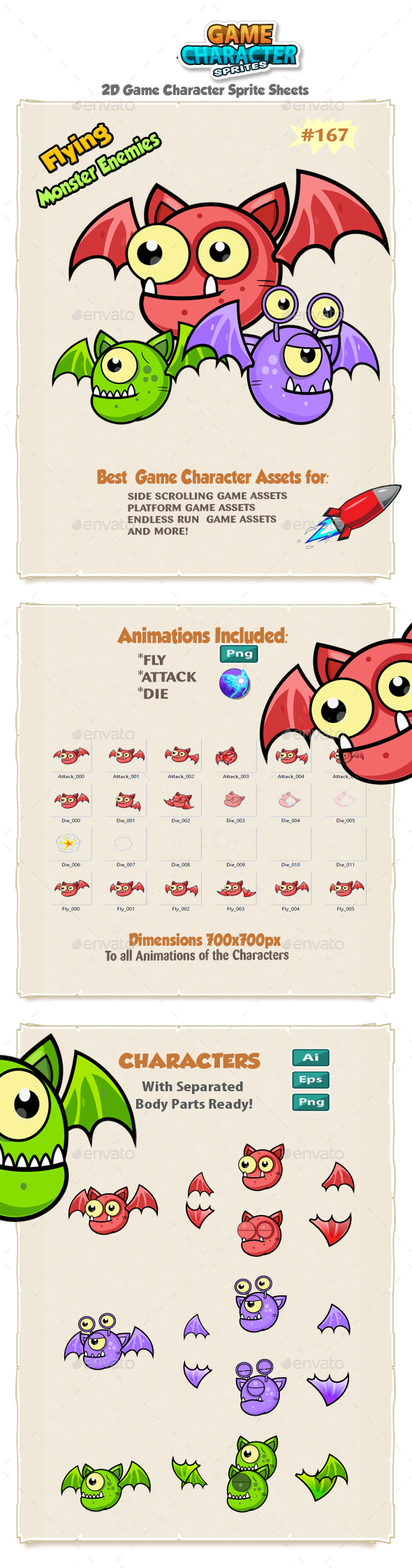 Flying Monster Enemies Game Character Sprites 167 - Sprites Game Assets