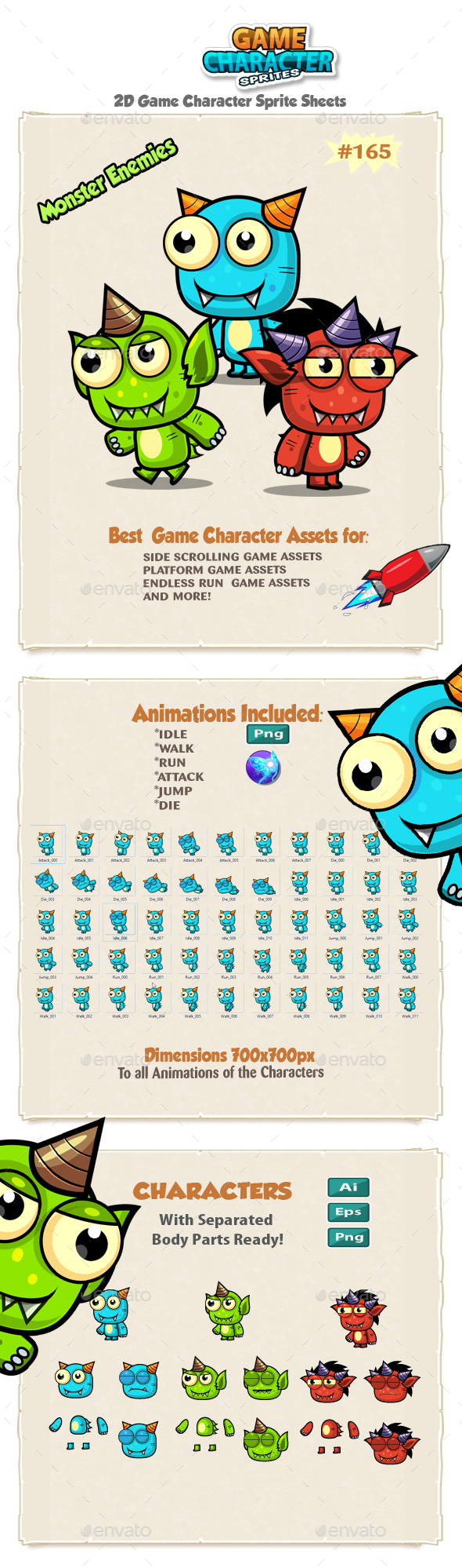 Monster Enemies 2D Game Character Sprites 165 - Sprites Game Assets