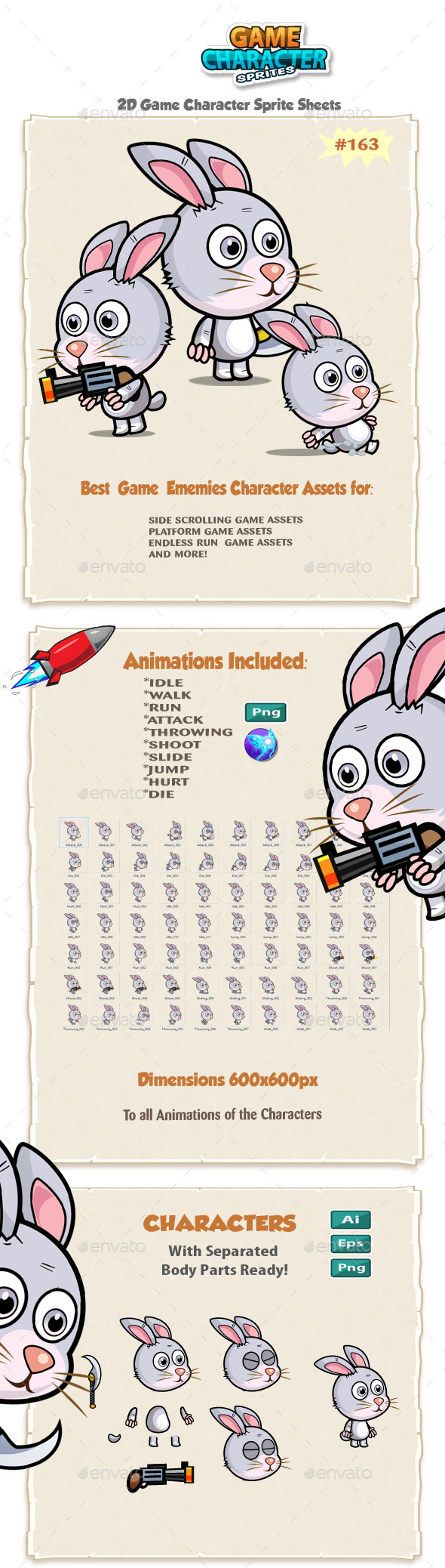 Rabbit 2D Game Character Sprites 163 - Sprites Game Assets