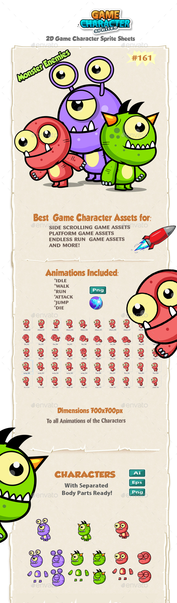 Monster Enemies 2D Game Character Sprites 161 - Sprites Game Assets