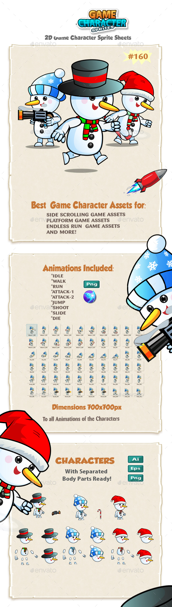Snowman 2D Game Character Sprites 160 - Sprites Game Assets