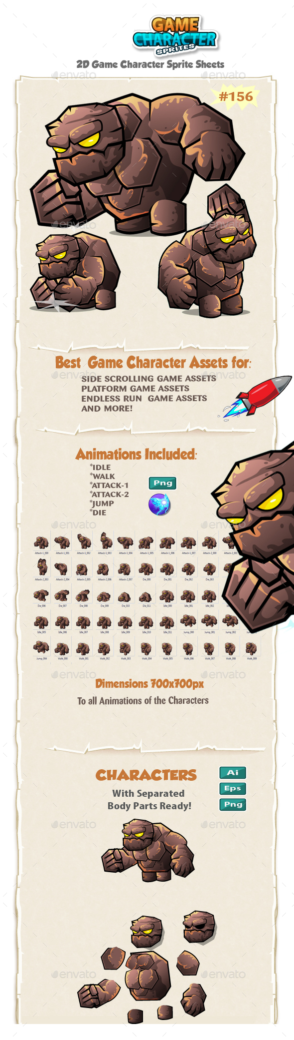 Monster Stone Giant 2D Game Character Sprites 156. - Sprites Game Assets
