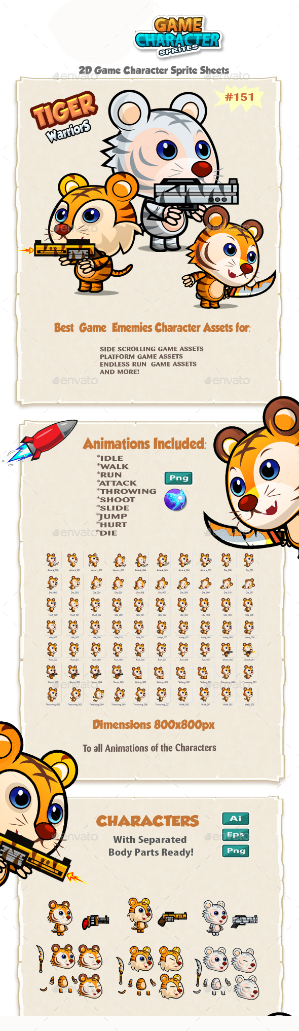 Tiger Warriors 2D Game Character Sprites 151 - Sprites Game Assets