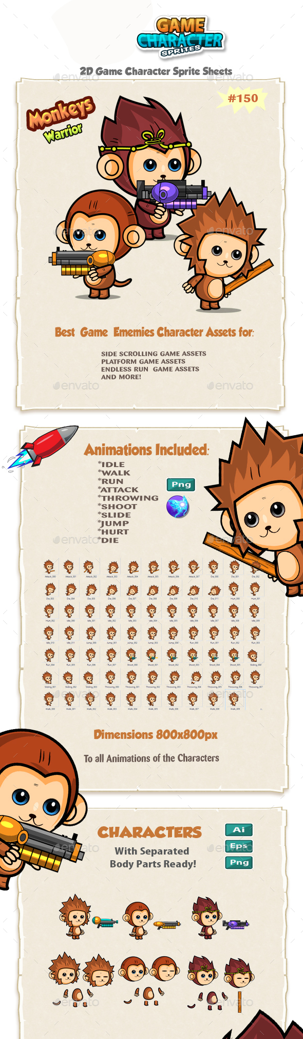 Cute Monkeys 2D Game Character Sprites 150 - Sprites Game Assets