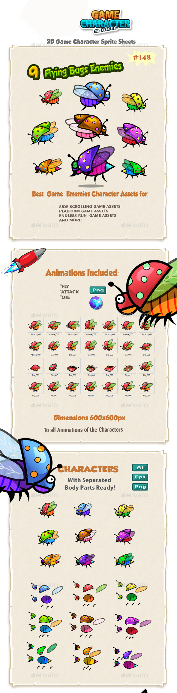 Flying Bugs 2D Game Chracter Sprites 148 - Sprites Game Assets