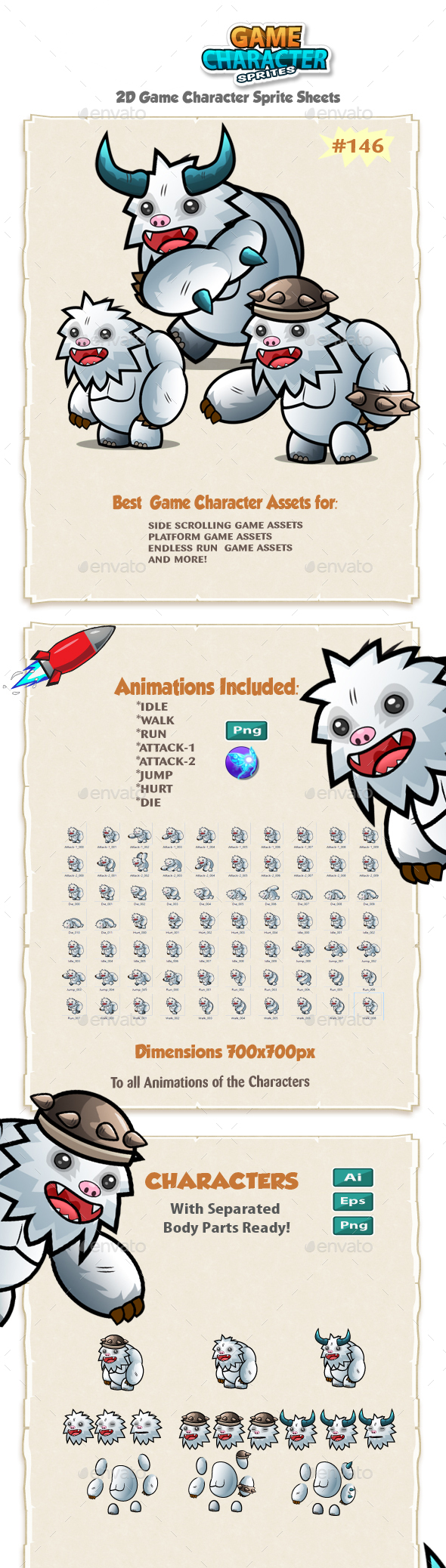 Yeti 2D Game Chracter Sprites 146 - Sprites Game Assets