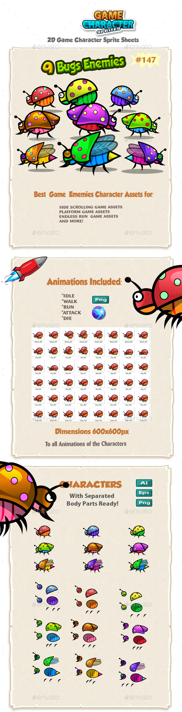 Bugs 2D Game Chracter Sprites 147 - Sprites Game Assets