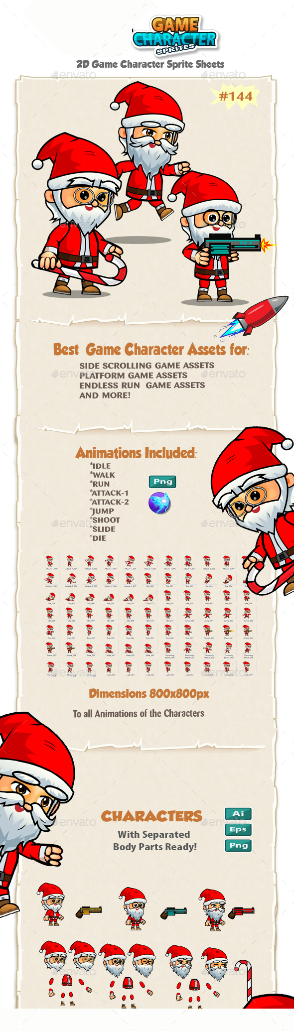 Santa 2D Game Character Sprites 144 - Sprites Game Assets