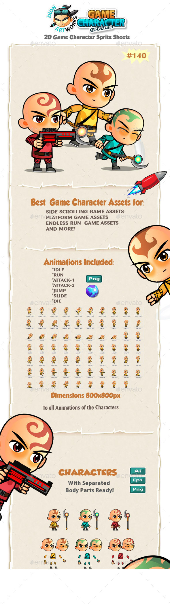 2D Game Character Sprites 140 - Sprites Game Assets