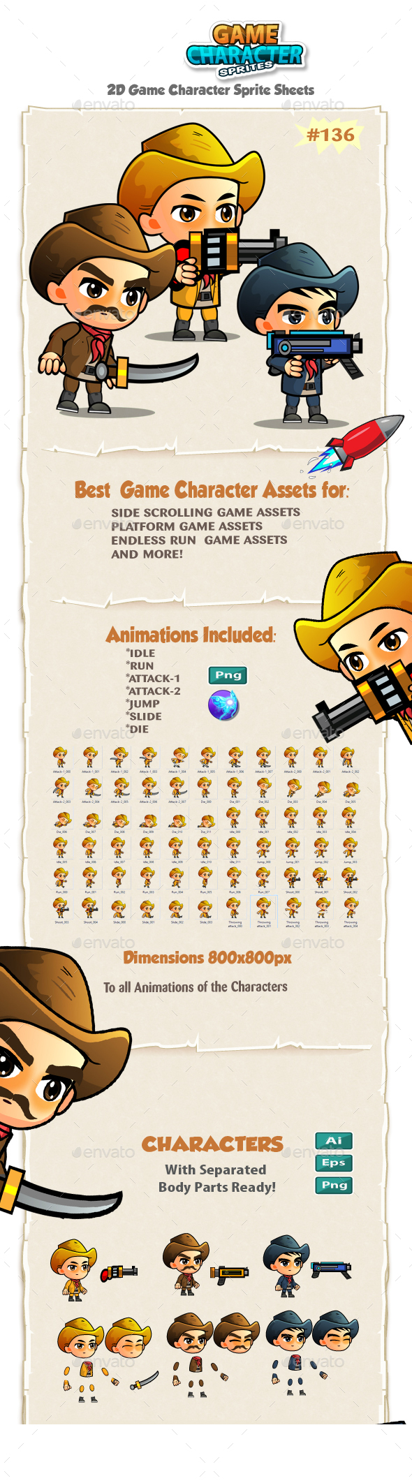 Cowboys 2D Game Character Sprites 137 - Sprites Game Assets