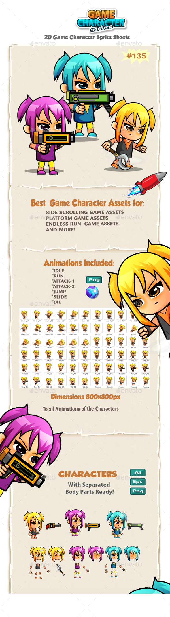 Adventurer Girls 2D Game Character Sprites 135 - Sprites Game Assets