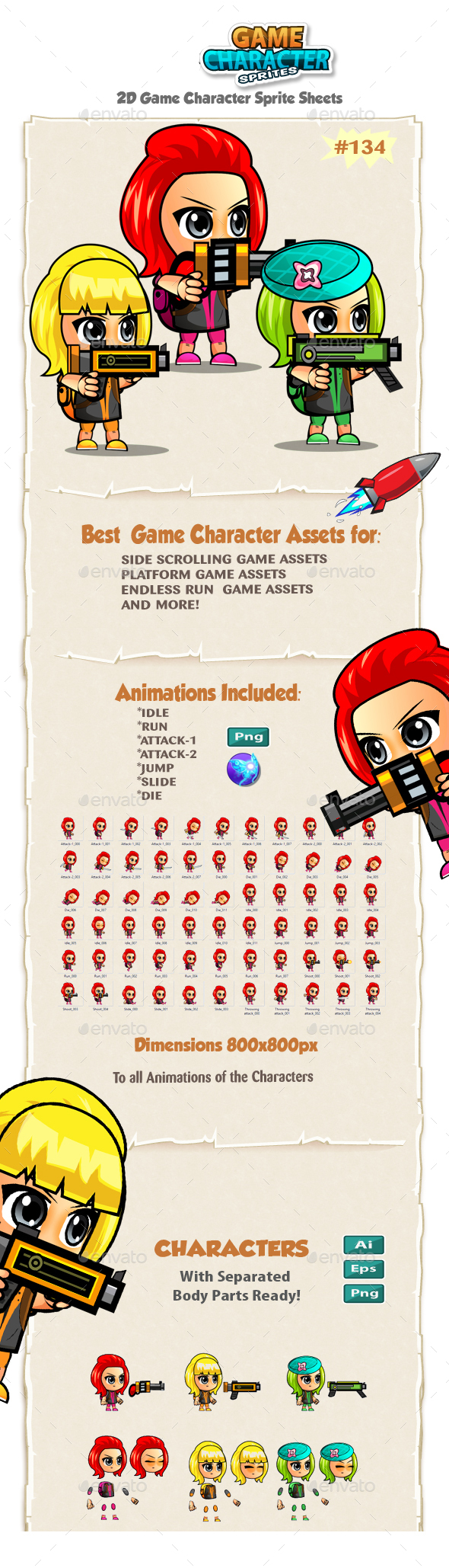 Girl Warriors 2D Game Character Sprites 134 - Sprites Game Assets