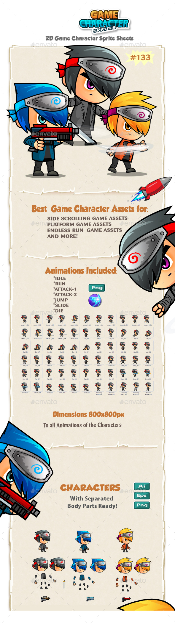 Ninja Hunters-2D Game Character Sprites 133 - Sprites Game Assets