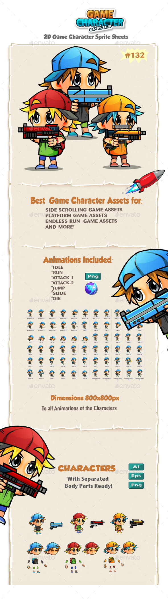 2D Game Character Sprites 132 - Sprites Game Assets