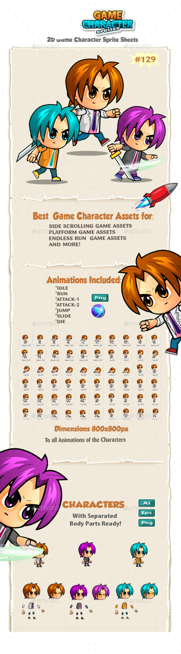 2D Game Character Sprites 129 - Sprites Game Assets