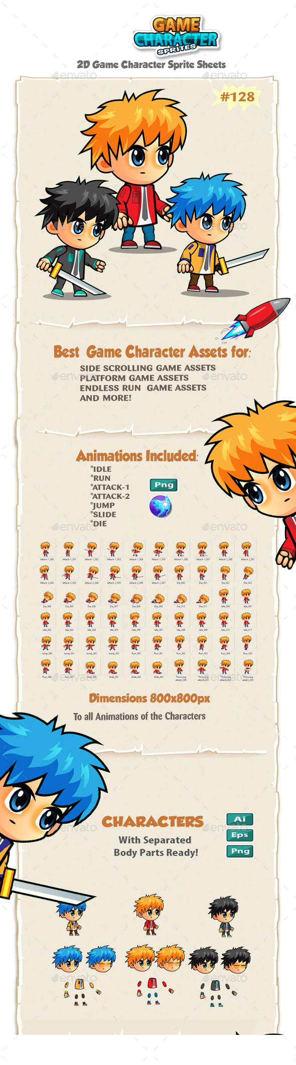 2D Game Character Sprites 128 - Sprites Game Assets