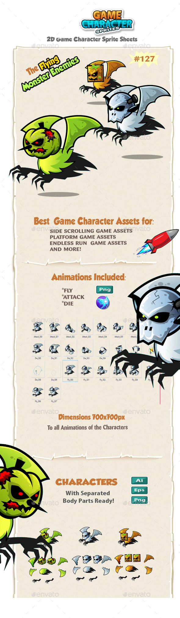 Flying Monster Enemies Character Sprites 127 - Sprites Game Assets