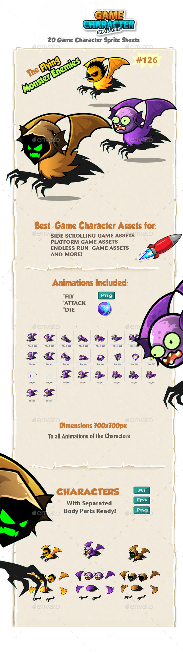 Flying Monster Enemies Charcter Sprites 126 - Sprites Game Assets