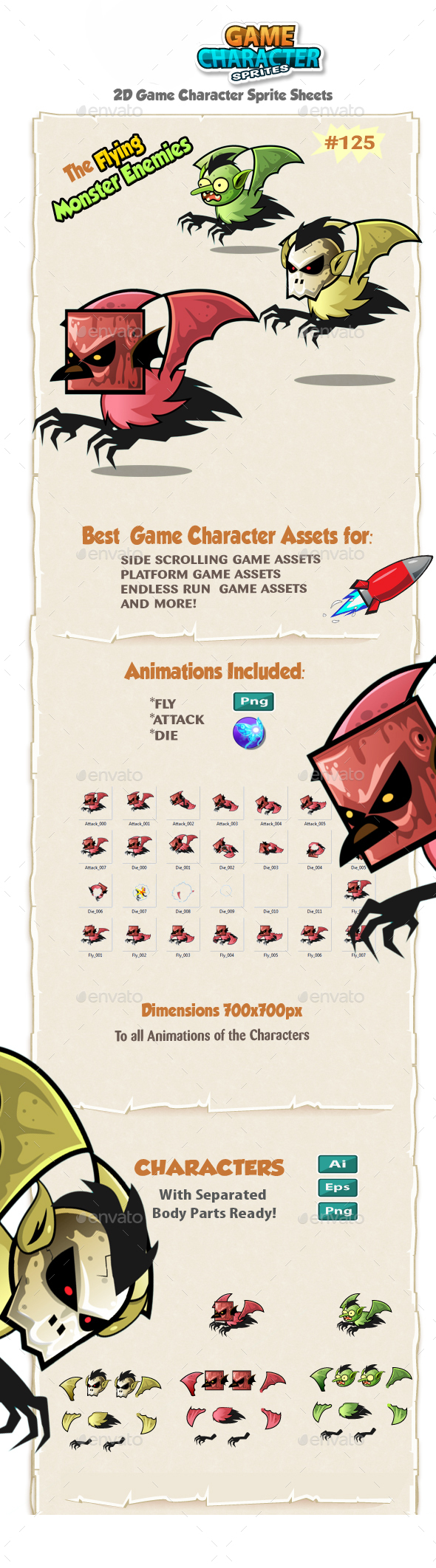 Flying Monster Enemies 2D Game Character Sprites 1 - Sprites Game Assets
