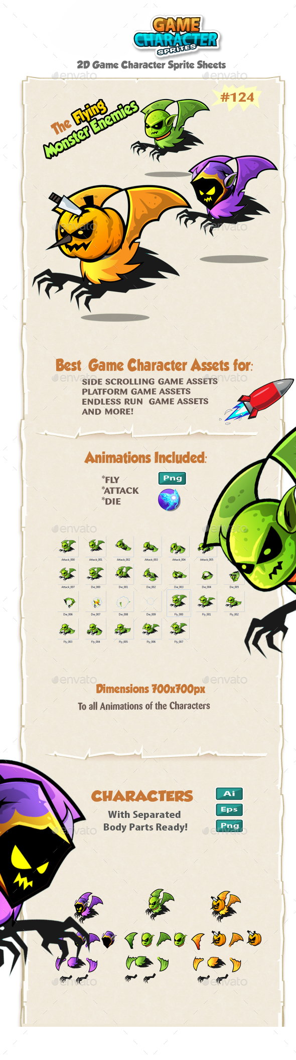 Flying Monsters 2D Game Character Sprites 124 - Sprites Game Assets