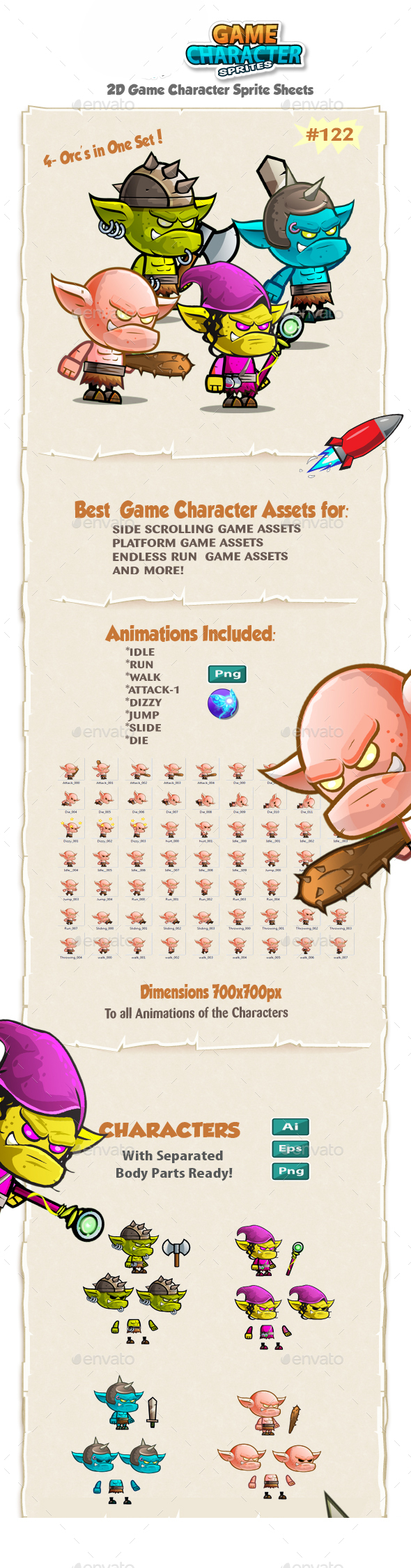Orcs 2D Game Character Sprites 122 - Sprites Game Assets