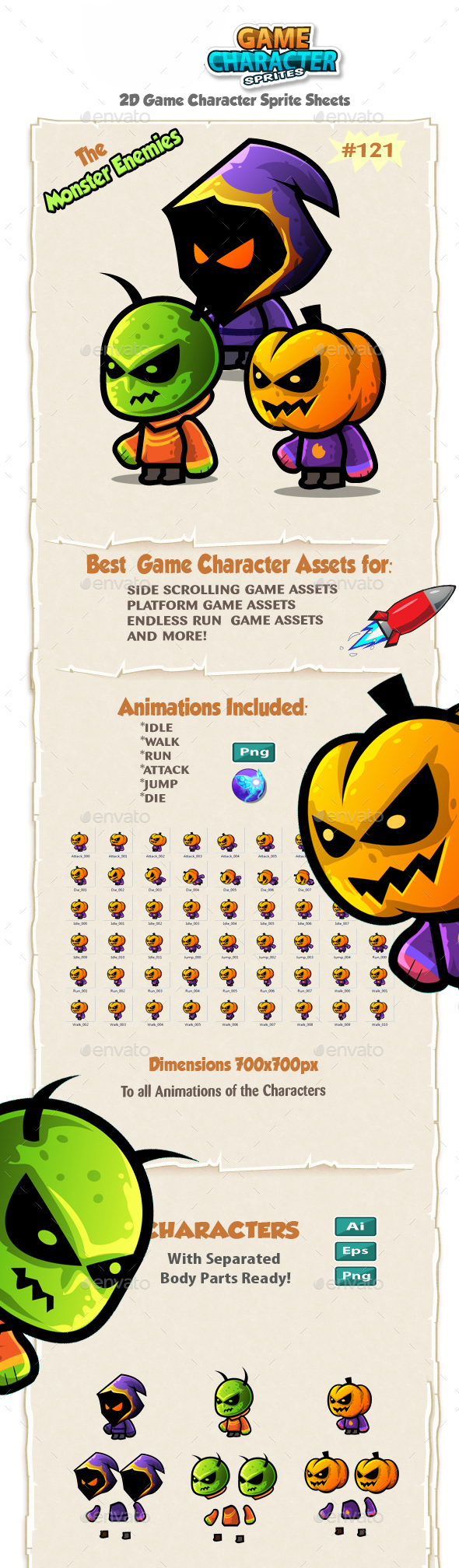 Monster Enemies 2D Game Character Sprites 121 - Sprites Game Assets