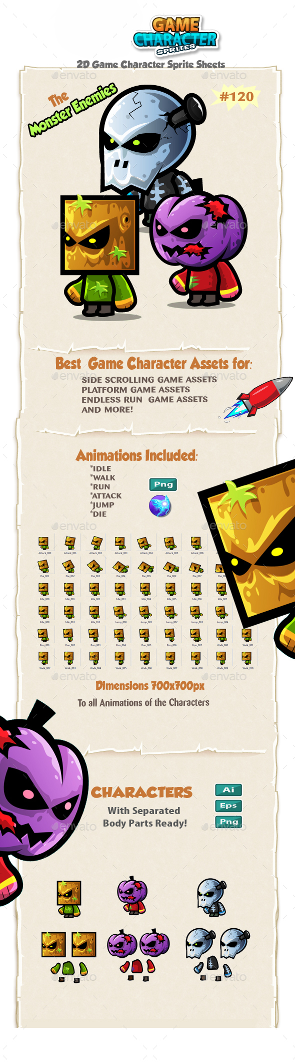 Monster Enemies 2D Game Character Sprites 120 - Sprites Game Assets