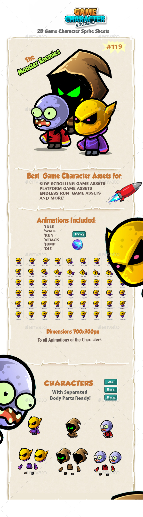 Monster Enemies 2D Game Character Sprites 119 - Sprites Game Assets