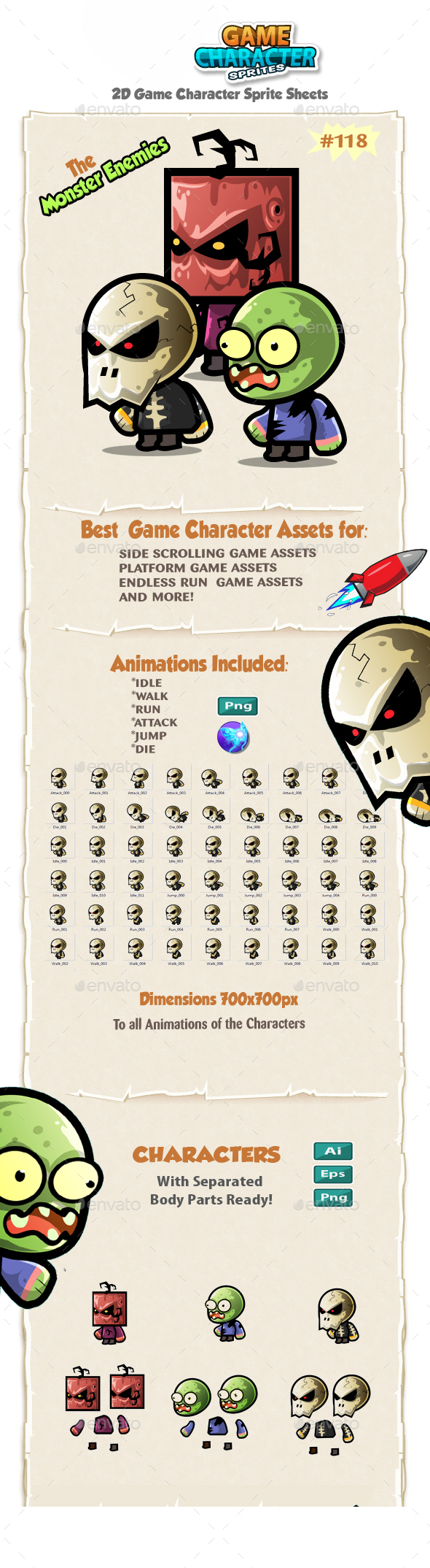 Monster Enemies 2D Game Character Sprites 118 - Sprites Game Assets