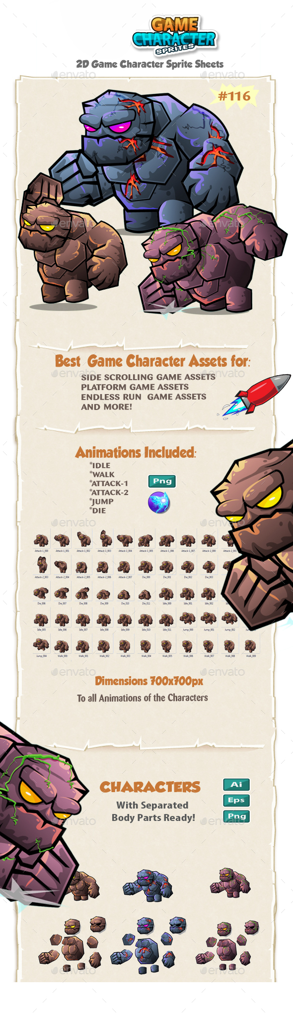 Monster Stone Giant 2D Game Character Sprites 116 - Sprites Game Assets